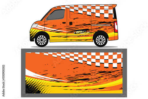 Design vector Van mockup and wrap decal for livery branding design and corporate identity company in orange color combinations