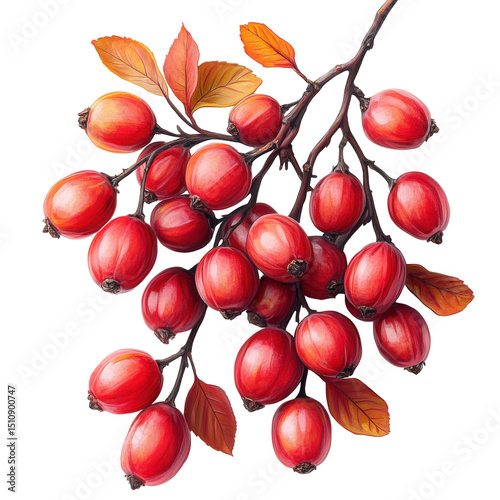 Elegant botanical illustration showcasing vibrant rosehips and autumn foliage detail