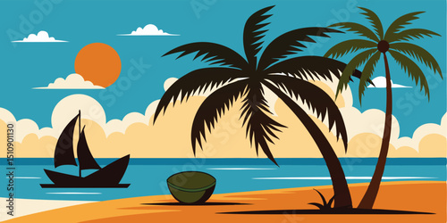 Sunset in the sea bech vector illustration
