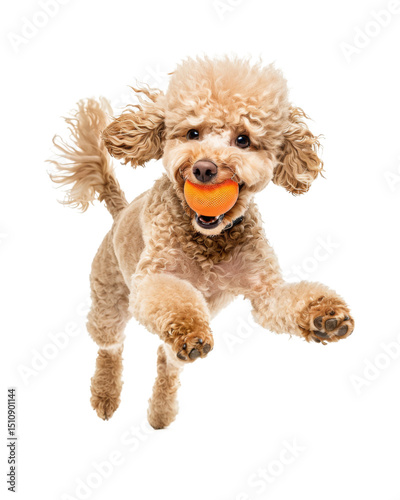 An adorable isolated white cocker spaniel puppy sitting with a cute little brown toy