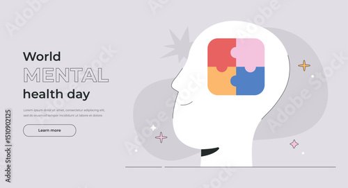 Mental Health Awareness Concept for World Mental Health Day, Human head with complete jigsaw puzzle in the brain. Mindfulness development and Self Care flat vector illustration for Landing page