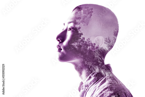 PNG Double exposure of young asian male with nature elements in profile view