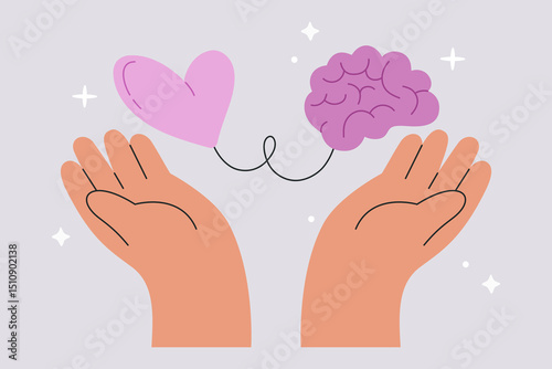 Heart Brain Harmony Concept. Emotional Intelligence and Mental Health Balance, Mind Body Connection, Self Care, Psychology, Love and Brain, Mindfulness flat vector illustration, isolated background
