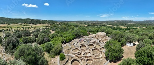 Aerial view of the archaeological site of Nuraghe La Prisgiona. Arzachena - North Sardinia island. Italy