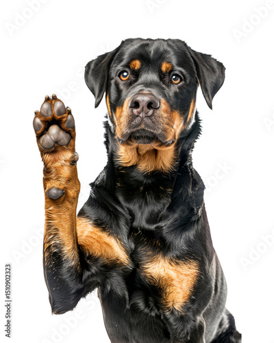 A cute, young mixed breed dog and dachshund puppy sit isolated on a white background
