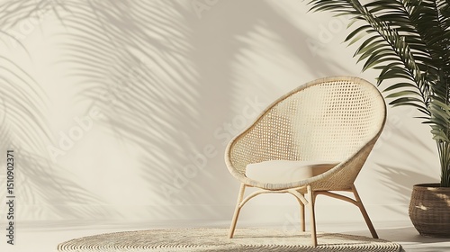 Beige wicker chair, sunlight, shadows