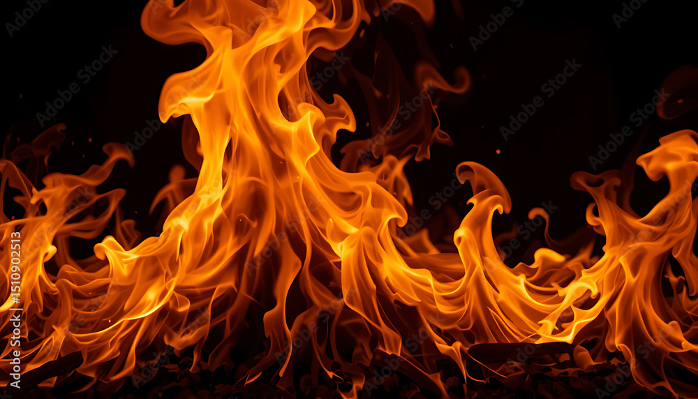 Fototapeta premium Hot bright fire flames with detailed shape on clean black background