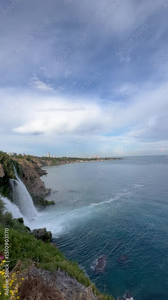 Duden waterfall dropping in Mediterranean Sea in Antalya, Turkey. Duden waterfall dropping in Mediterranean Sea in Antalya, Turkey.