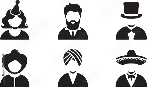 Character silhouette icon set, featuring various people with different costumes and hats, perfect for celebrations
