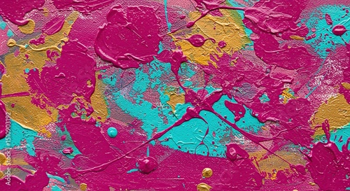 Abstract painting with magenta, teal, and gold photo