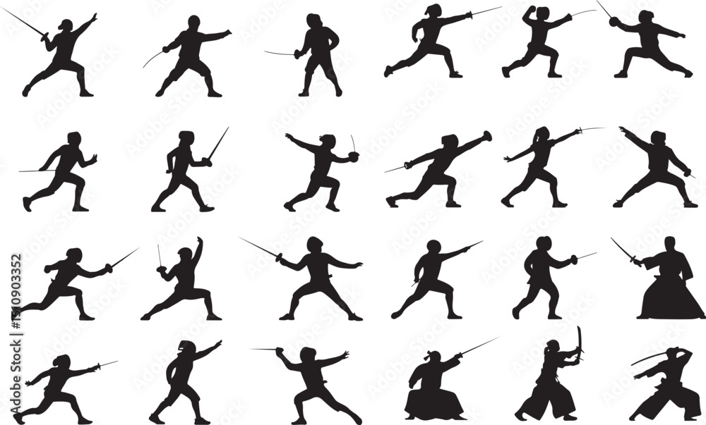 Fencing silhouette icon set in vector design, featuring dynamic swordplay poses Fencing silhouette icon set in vector design, featuring dynamic swordplay poses