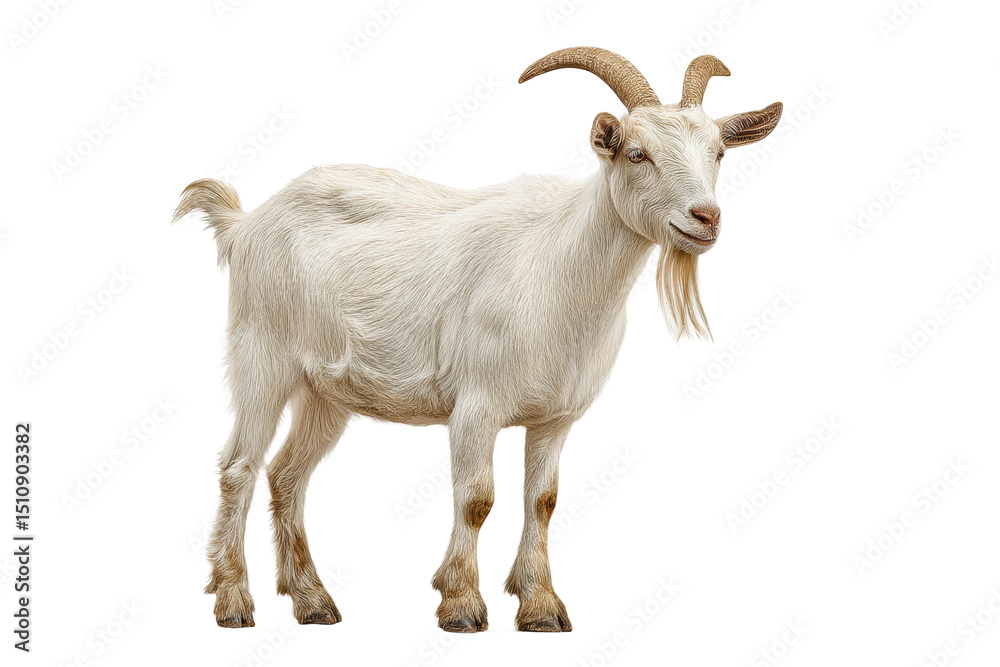 Fototapeta premium PNG White goat with curved horns on white background looking forward