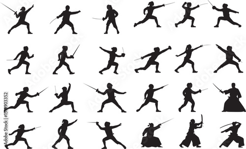 Fencing silhouette icon set in vector design, featuring dynamic swordplay poses