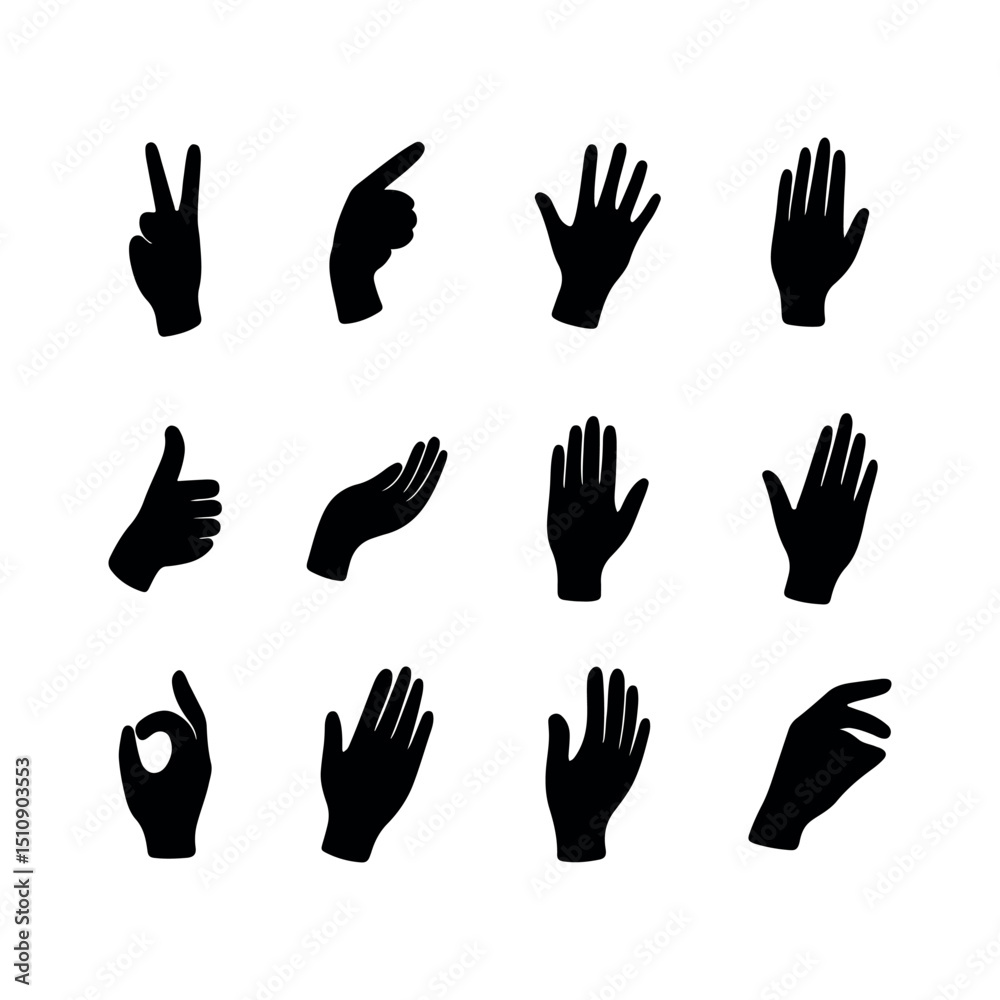 Fototapeta premium Hand Gesture Silhouette Icons – Vector Set of Black Hand Symbols. 
