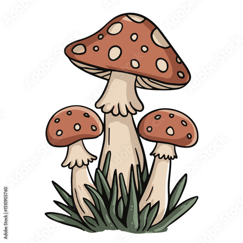 Red poisonous toadstool fungus with a red cap and white spots stands in the green grass of nature