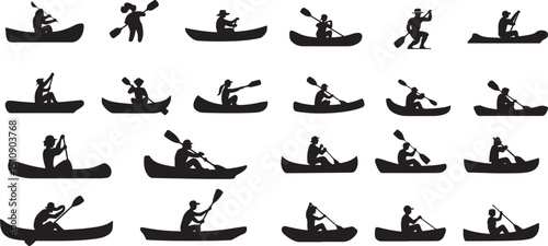 Canoeing Action Silhouettes Paddling Figures in Various Stances on the Water