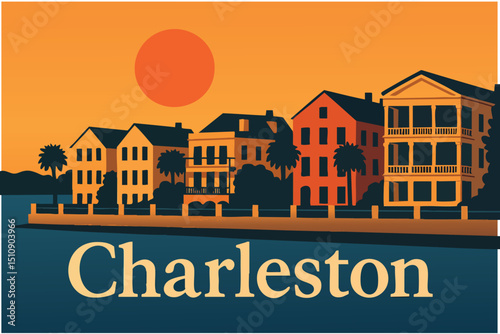 Charleston's Waterfront with Historic Homes and Boats.eps