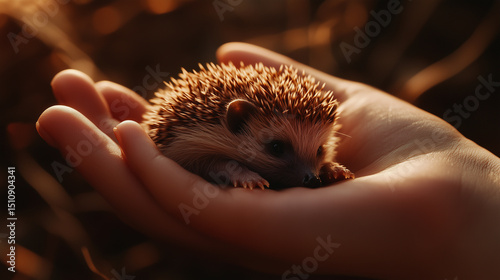 A tiny hedgehog held gently in a human hand