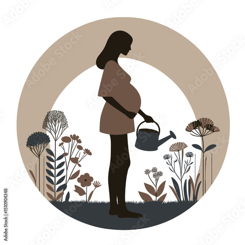 Pregnant woman watering flowers with a nurturing mood in a garden