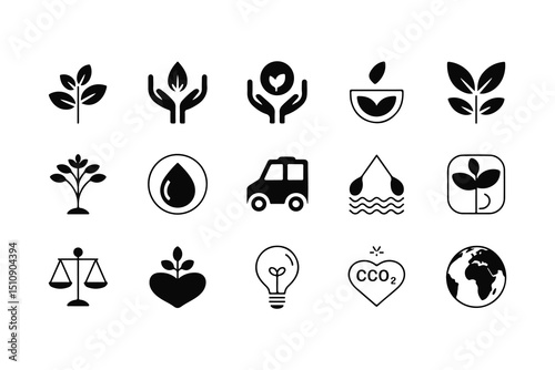 Several distinct ecology elements like plants, car, water, and light are featured as icons