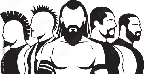 Vector Silhouette of Five Unique Men with Mohawks, Beards, and Muscular Builds