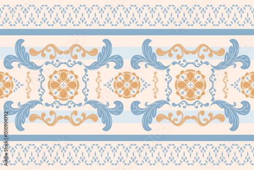 Detailed Duputta Royal Elegance Rococo Damask Decoration with Gold and Blue on Cream Background Traditional Motif Chevron Striped Pattern for Elegance Dress Attire Silk Weaves Embroidery Bandana Batik