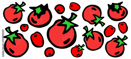 Vector colored banner of ripe tomatoes, different varieties, on a white isolated background