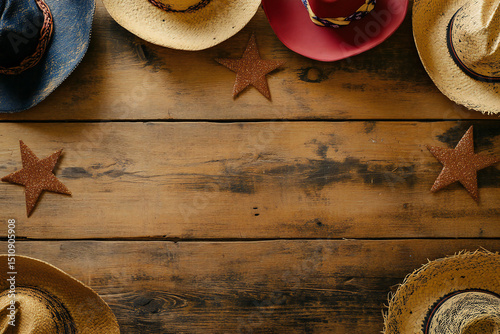 Rustic Straw Hats and Star Decorations on Wooden Table