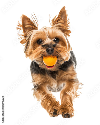 An adorable purebred Yorkshire Terrier puppy sits isolated on a white background, showcasing its cute brown fur