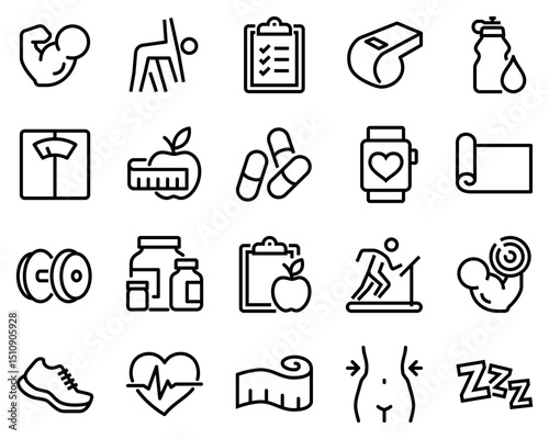 Simple set of fitness related vector line icons. Contains such icons as workout, sleep, diet plan, sports supplements, nutrition and more.