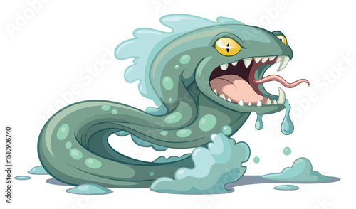 Cartoon sea monster roaring with open mouth