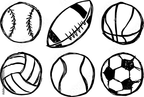 Sport Playing Balls Ink Brush Stroke Drawing Vector Set