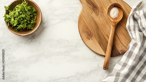 Wooden bowl with greens, spoon, and cutting board on marble surface