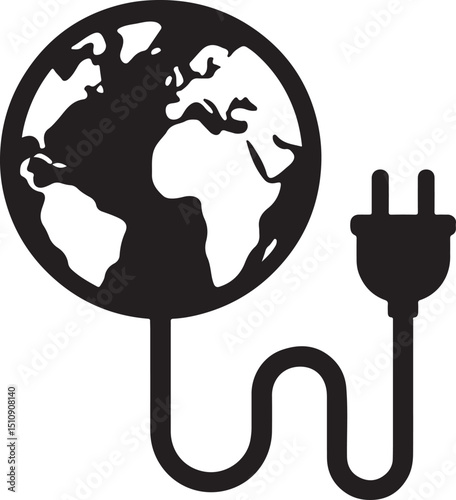 Silhouette of Earth powered by an electric plug, symbolizing clean energy, sustainability, green power, and eco-friendly technology.