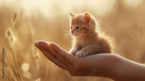 A tiny orange kitten resting in a human hand.