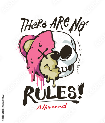 typography spray painted and bear doll head half skull vector illustration created by hand drawn