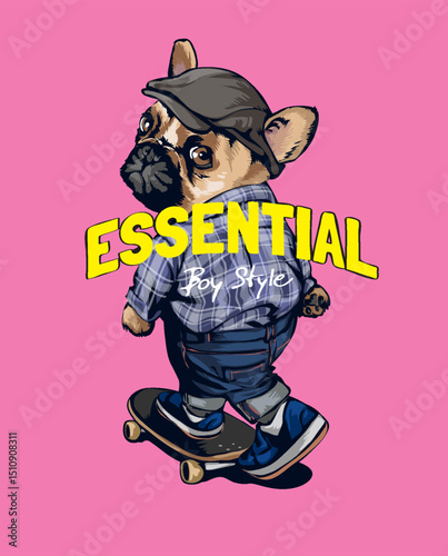essential slogan with cartoon dog and skateboard vector illustration created by hand drawn