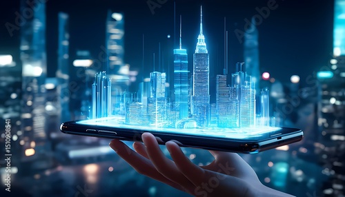 Hand holding a smartphone projecting a holographic city model above it, blending physical device and digital world