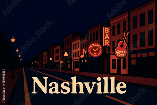 Nashville?s Broadway Street with Neon Lights at Night.eps