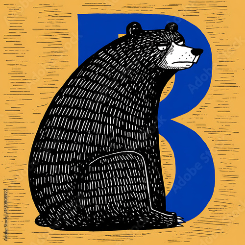 Hand Drawn Bear Illustration with Blue B on Yellow