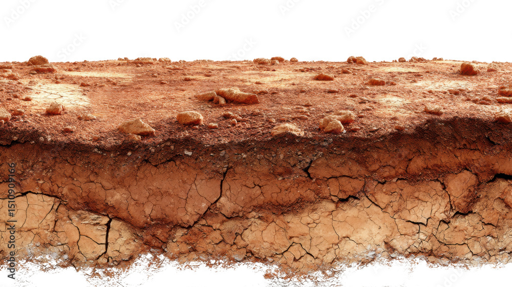 Fototapeta premium Cross section of dry cracked red soil revealing underground layers on transparent background