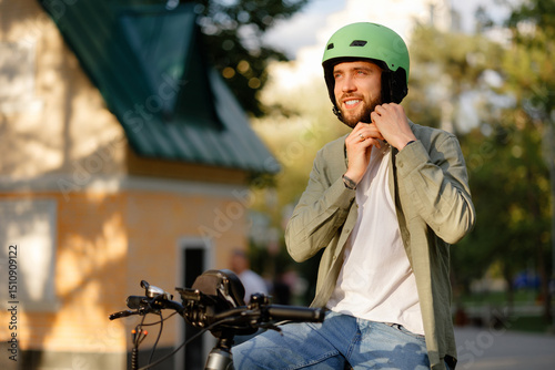 Cyclist adjusting a green helmet while sitting on a bike in a park during sunny afternoon