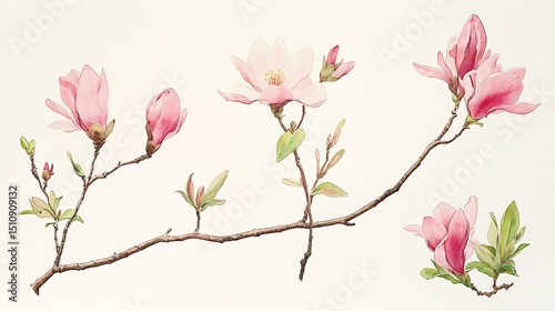 Elegant Pink Flower Blossoms on Branch Watercolor Painting, Botanical Illustration for Art Prints.