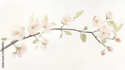Elegant Watercolor Floral Branch with Soft Pink Blossoms and Delicate Green Leaves on a Light Background.
