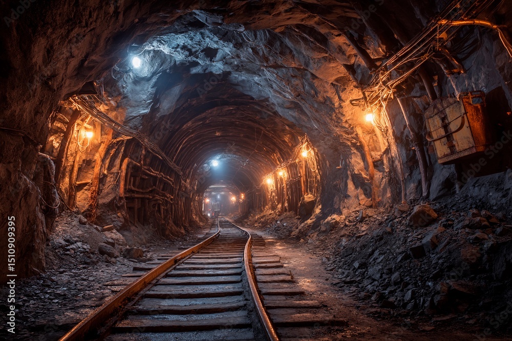 Fototapeta premium The underground mine features well-defined tracks leading into darkness, illuminated by warm lights that enhance the rustic, rugged environment. Dust hangs in the air, adding to the mystery