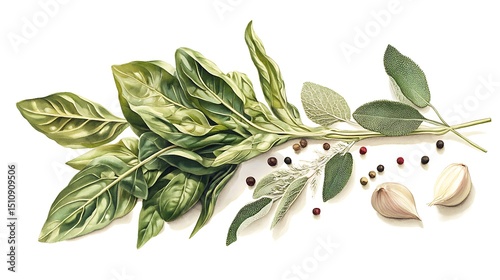 Fresh Culinary Herbs Arrangement Featuring Basil, Sage, Garlic, and Pepper for Flavorful Cooking, Recipe Inspiration and Creative Food Presentation. photo