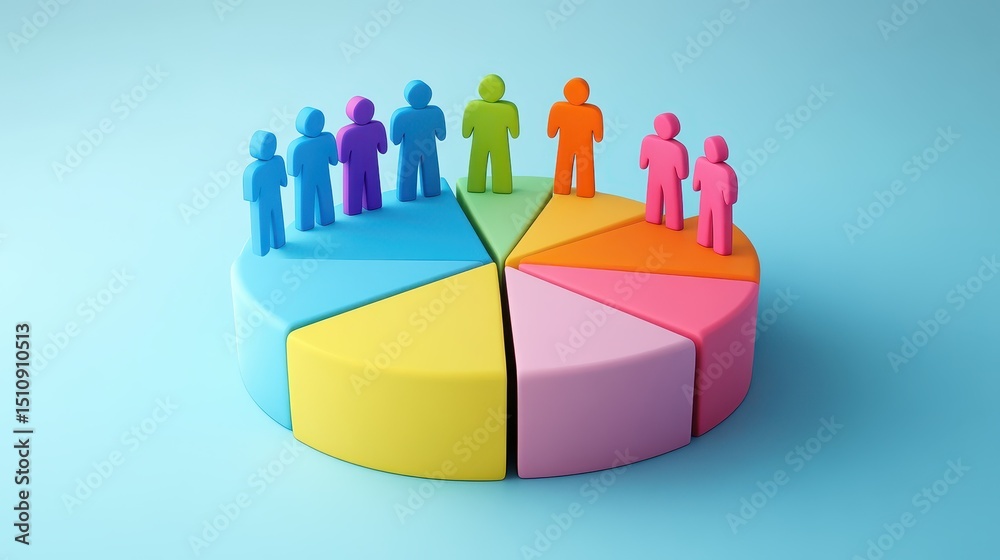 Obraz premium 3D pie chart divided into sections with colorful human figures standing in front of it 