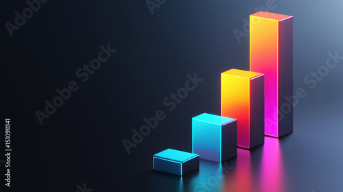 Colorful bar chart growing on dark background with neon lights