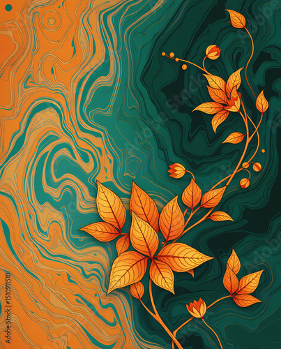 Stunningly Striking Imagery - Elegant Orange Leaves On A Green And Gold Marbled Fluid Art Background, Modern And Vibrant.