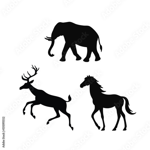 animal silhouette of horse elephant antelope on white